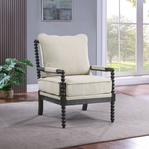 Eliza Spindle Chair - Bed Bath & Beyond - 38949059 Spindle Chairs, Bobbin Chair, Beige Accent Chair, Spindle Chair, Fabric Chairs, Wood Frame Construction, Luxury Chairs, Living Room Seating, Upholstered Dining Chairs