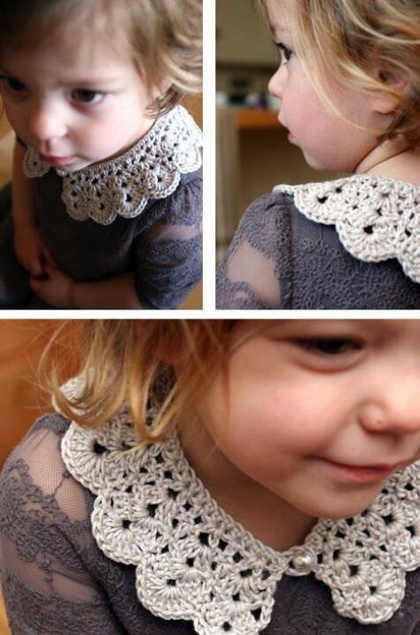 Crochet Collar- These would be cute to crochet ahead of time if you are expecting, but don't know the gender. They could make gender neutral onsies very girly! Crochet Collar Pattern, Crochet Collars, Crochet Lace Collar, Confection Au Crochet, Crochet Kids, Crochet Vintage, Crochet Collar, Crochet Diy, Crochet Things