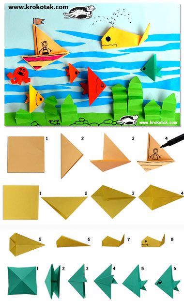 children activities, more than 2000 coloring pages Vika Papper, Crafts By Season, Tutorial Origami, Kids Origami, Origami Fish, Origami And Kirigami, Folding Origami, Sea Crafts, Ocean Crafts