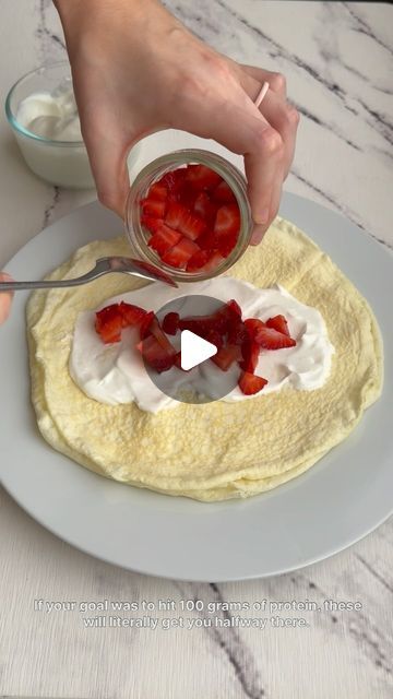 Jaycee Nabrotzky on Instagram: "2 INGREDIENT PROTEIN CREPES 🍓👇🏼

Ingredients:
1 cup egg whites (245 g)
1 scoop vanilla protein powder (31 g)

Instructions:
1. Add egg whites and protein powder to a blender and blend until combined (5-10 seconds).

2. Set a frying pan on medium heat and spray with cooking spray. Pour some batter in the center and rotate pan to fully coat bottom. Once you see some bubbles, carefully flip and cook for a few more seconds on the other side. Repeat until all the batter is used (makes about 4-6 crepes, depending on the size of your pan).

3. Fill crepes with vanilla greek yogurt, berries, and top with chocolate and/or maple syrup and enjoy!

Per serving: (makes 1) does not include toppings 
253 cals
50P
6C
2F

https://myproteinpantry.com/2-ingredient-high-prot Protein Crepes, Healthy Crepes, Yogurt Berries, Crepe Ingredients, Healthy High Protein Breakfast, Easy Crepe Recipe, High Protein Desserts, How To Make Crepe, Protein Desserts