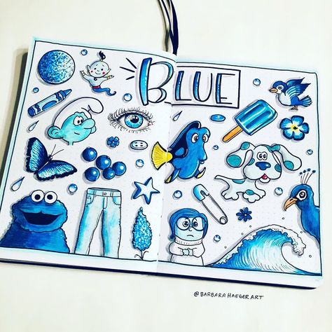 Barbara Haeger on Instagram: “In a blue mood - and discovered there are not many blue foods, but lots of blue cartoon characters! ( the cute Genie in the upper left is…” Blue Cartoon Characters, Blue Foods, Blue Cartoon Character, 2024 Bujo, Fun Doodles, Bullet Journal Lists, Blue Cartoon, Bullet Journal Paper, Wreck This Journal