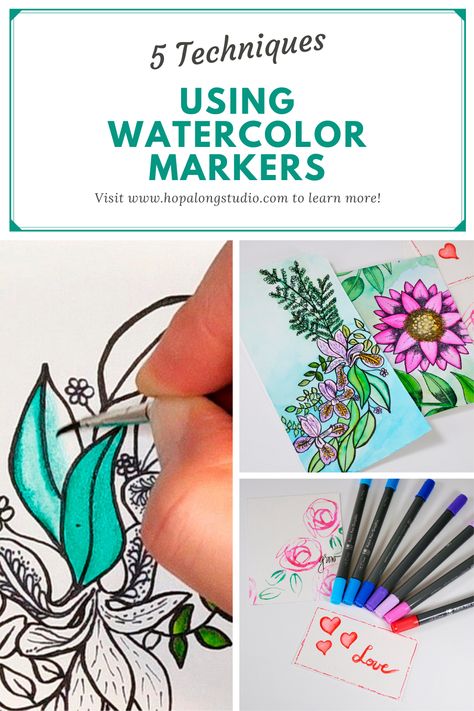 Watercolor markers are a fun and easy way to add beautiful blends to your creative projects. Watercolor markers and pens are vibrant, easy to use and work well on a variety of surfaces. Today I am sharing 5 easy techniques for using watercolor markers in your creative projects. Water Based Markers Art Ideas, Watercolor Markers Art For Beginners, Watercolour Markers Tutorials, How To Use Watercolor Markers, Watercolor Marker Art For Beginners, Watercolor Markers Ideas, Watercolor Marker Art Ideas, Watercolor Pens Art, Watercolor Markers Tutorials