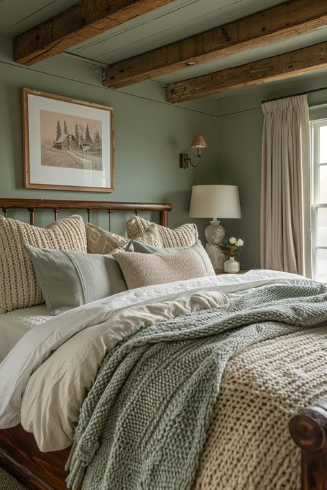 Sage Green Farmhouse Bedroom, Green Farmhouse Bedroom, Sage Green Farmhouse, Blue Green Bedrooms, Light Green Bedrooms, Design A Bedroom, Sage Bedroom, Green Farmhouse, Farmhouse Bedroom Ideas