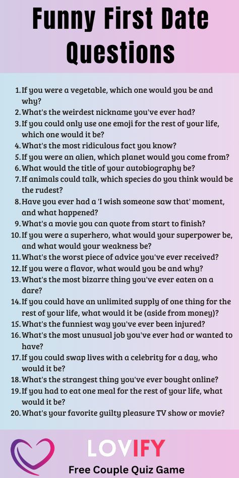 Make your first date unforgettable with these funny questions. Ideal for sparking joy and connection while keeping the mood light and fun! #FunnyDateNight #FirstDateFun #CoupleGoals #DateNight #LaughTogether #IceBreakers #LoveLife #GetToKnowEachOther #FunTimes #MemorableDate Fun Questions For Couples, Hilarious Questions, Couples Quizzes, Couple Game, Date Questions, First Date Questions, Relationship Games, Questions For Couples, Game Questions