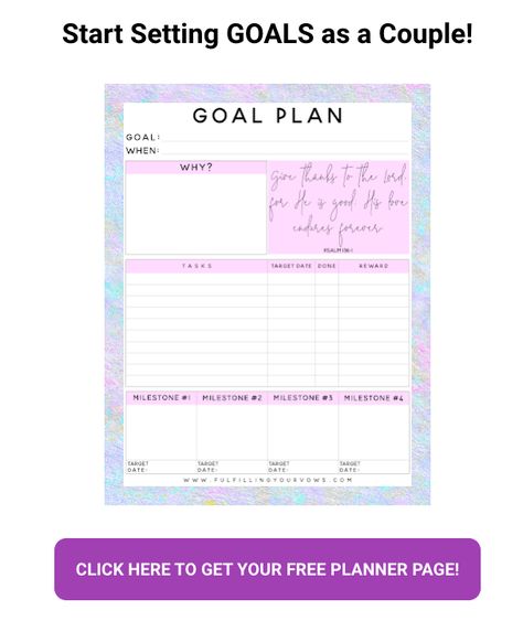 Looking for motivation to start setting goals together as a couple? If so, download our free goal setting worksheet to get you started! || Christian Marriage Adventures #goals #goalsetting #marriagegoals #couplesgoals #christianmarriageadventures Goal Setting For Couples, Couples Goal Setting Worksheet, Biblical Marriage Verses, Couples Goal Setting, Goals As A Couple, Goals For Couples, Goal Planning Worksheet, Marriage Scripture, Free Planner Pages