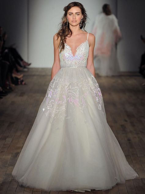 Hayley Paige Fall 2017 A-line wedding dress with iridescent sequin details and deep plunging v-neckline Iridescent Wedding, Paige Wedding Dress, Aline Wedding Dresses, Black Cocktail Party Dress, Colored Wedding Gowns, Hayley Paige Wedding, Fall Wedding Dress, Hayley Paige Wedding Dress, Jlm Couture