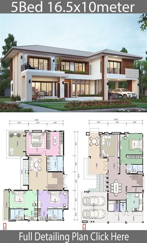 House Design Plan 16.5x10m With 5 Bedrooms - Home Ideas House Projects Architecture, 2 Storey House Design, 2 Storey House, Two Story House, House Plan Gallery, House Construction Plan, Model House Plan, Duplex House Design, House Layout Plans