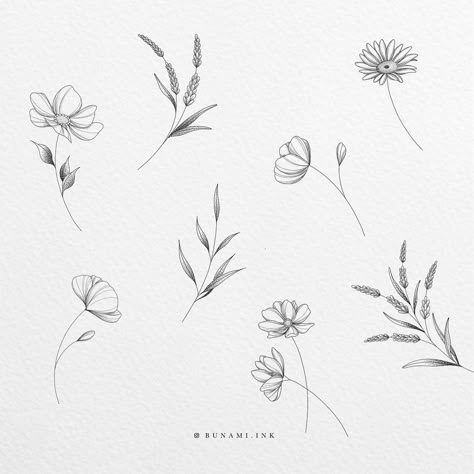 Simple Cosmos Tattoo, Flowers Line Tattoo, Dainty Fine Line Tattoo, Fineline Floral Tattoo, Fine Line Flowers, Fineline Flowers, Leg Tattoos Aesthetic, Bunami Ink, Cosmos Tattoo