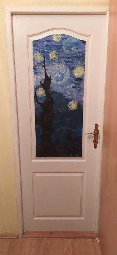 Van Gogh, door, pictures, sky, night sky, stars Door Paintings Bedroom, Painting Ideas On Door, Cool Door Painting Ideas Bedroom, Drawing On Doors Ideas, Door Ideas For Bedroom, Painting On Door, Door Art Bedroom Paint, Door Art Bedroom, Door Painting Ideas Bedroom