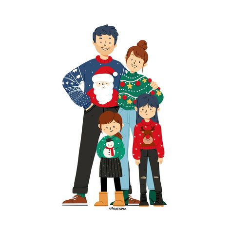 Family Christmas Card, Christmas Card Illustration, Family Christmas Pictures, Christmas Portraits, Family Drawing, Winter Illustration, Christmas Card Art, Family Christmas Cards, Portrait Cartoon