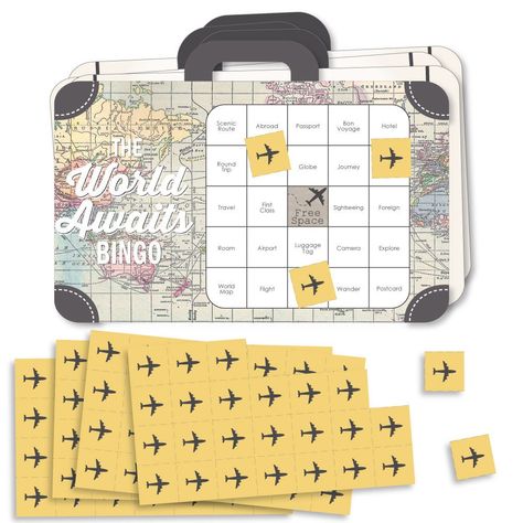 "World Awaits - Bingo Cards and Markers - Travel Themed Party Shaped Bingo Game - Set of 18 *Set Includes - 18 Game Cards, 18 Perforated Marker Sheets, 1 Perforated Call Sheet, and Game Instructions *Please Note: purchasing multiple bingo games will guarantee multiple winners, there are only 18 unique cards per game package *Bingo Cards Measure 5\" Wide x 7\" Tall *Perforated Marker Sheet Measures 2.75\" Wide x 5\" Tall - Individual Markers Measure 0.75\" Wide x 0.75\" Tall *Professionally Printed, Double-Sided on Sturdy Cardstock Paper Bingo is an easy party game that everyone will have fun playing. World Awaits - Shaped Picture Bingo Cards and Markers give this classic game a fresh look with playing cards and pictures instead of numbers. Before you begin to play, designate a bingo leader