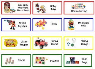 good idea to customize your own labels by finding the toy on toysrus.com and editing it in microsoft office. Grandkids Playroom, Organizing Stickers, Classroom Organizer, Preschool Labels, Toys Organization, Toy Closet, Toy Bin Labels, Toy Labels, Center Labels