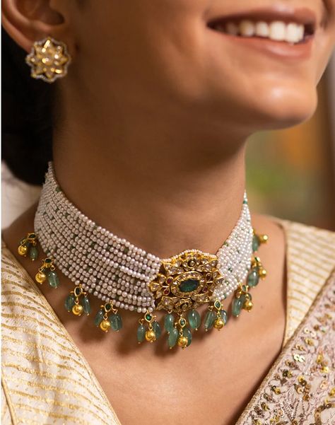 VeroniQ Trends-Elegant Fresh Water Pearls Choker Necklace in 92.5 Silver And Kundan-Green Beads-South Indian-Wedding-USA-Dubai-Earrings by VeroniQTrends on Etsy Jadau Choker, Unique Wedding Jewelry, Multi Gemstone Necklace, Choker Necklace Designs, Kundan Choker, Polki Necklace, Kundan Necklace, Polki Jewellery, Gold Jewelry Necklace