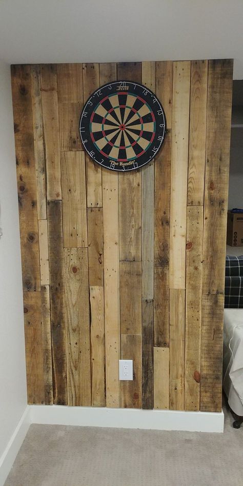 Shiplap Dartboard Wall, Dart Board Wall Ideas, Dartboard Ideas, Pool Table Room Decor, Dartboard Wall, Speakeasy Ideas, Dart Backboard, Basement Entertainment, Dart Board Wall