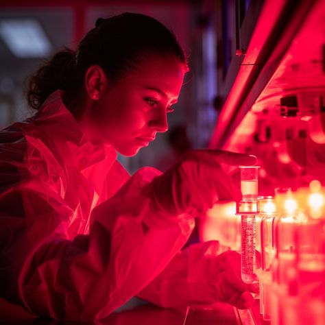 Scientific Research Intensity: A diligent researcher concentrates on her experiment in a lab aglow with vibrant red light. #science #laboratory #research #red #female #scientist #experiment #focus #aiart #aiphoto #stockcake https://ayr.app/l/DQjg Research Aesthetic, Scientist Aesthetic, Lab Photography, Science Photography, Female Scientist, Light Science, Red Lab, Science Laboratory, Scientific Experiment