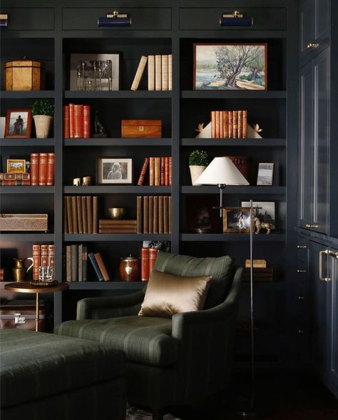 dark walls and bookcase Rachel Halvorson Design, Vintage Masculine Office, Rachel Halvorson, Squirrel Cake, Moody Room, Office Refresh, Basement Flat, Library Project, Office Aesthetic