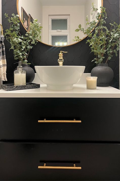 Shop Hononnice Brushed Gold Bathroom … and other curated products on LTK, the easiest way to shop everything from your favorite creators. Black Powder Room Vanity Ideas, Black Fixtures In Bathroom, Black Gold And White Bathroom, White Washed Cabinets, Black And Gold Powder Room, Gold And Black Decor, Powder Room Vanity Ideas, Black White And Gold Bathroom, Powder Room Inspiration