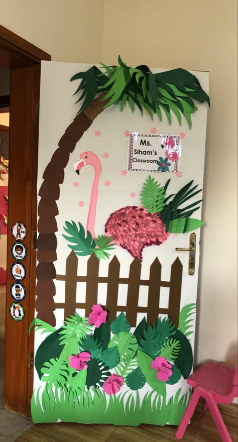 Flamingo Classroom Ideas, Parrot Bulletin Board Ideas, Flamingo Door Decoration, Flamingo Door Decorations Classroom, Tropical Door Decorations Classroom, Flamingo Classroom Door, Flamingo Bulletin Board Ideas, Tropical Classroom Door, Tropical Hallway