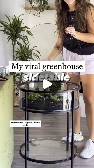 Chantel Gray | 🪴 Plants + DIY on Instagram: "Comment “side table” and I can DM you where to find everything I used here!! Also linked in profile under “greenhouse table”  Here are some FAQ from my original video for creating this table!  Q: Do you have to remove the top lid to provide airflow? A: Not at all! There are holes along the outsides of the table that allow airflow to enter! Because of this, it’s not perfectly airtight which will allow fresh air and movement.  Q: How often does the table need to be misted? A: I created this table a few weeks ago, and have not needed to mist it yet! I’m guessing about once a month. When the stratum is damp, it’s black and glossy (almost gives caviar vibes) it doesn’t need any attention. When it’s dry it’s grayish and dusty (that’s when I’ll mist i Plant Side Table, Glass Table Plants, Terrarium Side Table, Diy Terrarium Table, Diy Plant Table Indoor, Greenhouse Tables, Terrarium Table, Plants Diy, Display Coffee Table