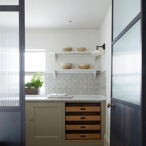 Plain English, Vegetable Storage, Baking Bread, Metal Screen, Glass Wall Lights, Kitchens And Bedrooms, English Design, Timber Flooring, Kitchen Pantry