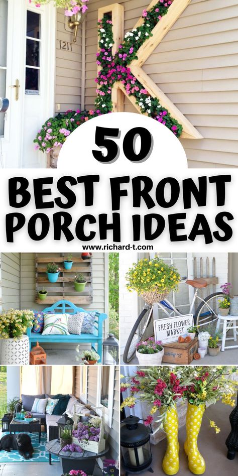 50 Of the best DIY front porch ideas to get your front porch looking AWESOME! #FrontPorchDIY Diy Front Porch Ideas, Front Porch Flower Pots, Front Porch Furniture, Front Porch Flowers, Porch Wall Decor, Summer Porch Decor, Porch Plants, Porch Flowers, Porch Planters