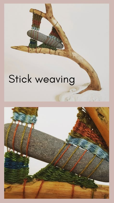 Twig Weaving Tutorials, Weaving On Branches, Branch Weaving Tutorial, Small Loom Projects, Painting With Branches, Stick Weaving Tutorials, Weaving Branches, Twig Weaving, Vine Weaving