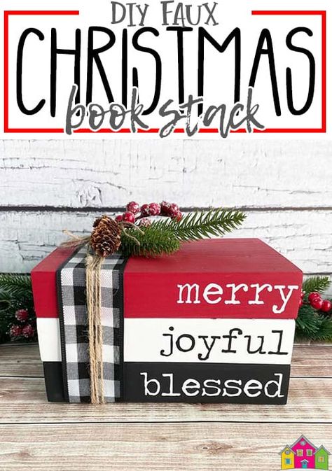 DIY Faux Christmas Book Stack - Burton Avenue Diy Wooden Book Stacks Christmas, Faux Books Decor Diy Christmas, Wooden Books Christmas, Diy Holiday Wood Crafts, How To Make Wood Book Stacks, Stacked Wooden Books Diy, Wood Block Book Stack, Dollar Tree Faux Book Stack, Stacked Wooden Books Christmas