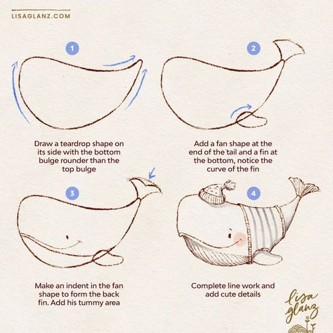 How to draw a cute whale! I decided to dress him in a cute jersey, but you could add a little boat on his head, or maybe a different hat. Have fun trying different things! . #howtodraw #learntodraw #easydrawingtutorial #howtodrawcute How To Draw A Whale, Whale Illustration Cute, Cute Whale Drawing, Art Inspo Easy, How To Draw, Aesthetic Things To Draw, Draw A Whale, Drawing Whale, Whale Sketch