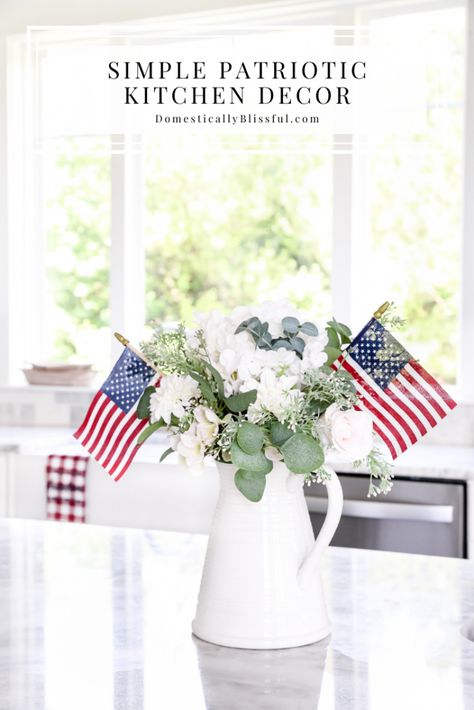 White And Blue Home Decor, Americana Party, Farmhouse 4th Of July, Domestically Blissful, White Marble Backsplash, Patriotic Kitchen, Backsplash White, Marble Counters, Patriotic Diy