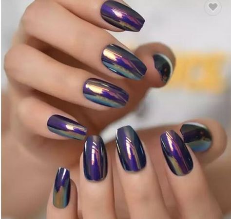 Nails Metal, Purple Chrome Nails, Sunflower Nails, Chrome Nails Designs, Short Fake Nails, Coffin Press On Nails, Fake Nails With Glue, Press Ons, Nail Length