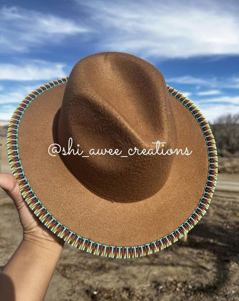 Beaded Hats Native American Patterns, Beaded Hat Brim Patterns, Beaded Cowgirl Hat, Hat Beading, Beaded Hat Brim, Diy Hat Stand, Bead Hat, Beaded Hats, Beaded Hat Bands