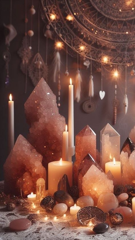 Magic Asthetics Photos, Crystal Wallpaper Aesthetic, Spiritual Room Aesthetic, Crystal Room Decor, Crystal Room, Tout Rose, Healing Room, Crystal Altar, Crystal Aesthetic