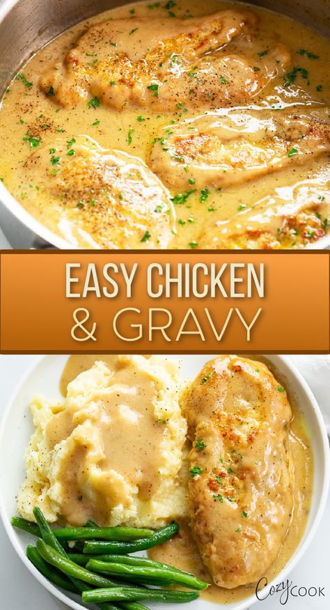 chicken and gravy with mashed potatoes and a side of green beans Easy Chicken Gravy, Chicken Gravy Recipe, Chicken And Gravy, Chicken Gravy, Chicken Main Dishes, Gravy Recipes, Chicken Dishes Recipes, Poultry Recipes, Chicken Dinner Recipes