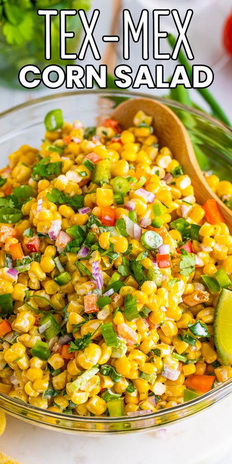 Tex-Mex Corn Salad has all of the big Southwest flavors you love with the perfect kick- this dish is a must-have side or topping to any meal! #BreadBoozeBacon #texmex #cornsalad #corn #salad #bellpepper #jalapeno #greenonion #redonion #dressing #sidedish #potluck #cookout #cincodemayo #4thofjuly Corn Salad Side Dish, Mexican Cookout Side Dishes, Peas Corn Green Bean Salad, Summer Cold Side Dishes, Side For Grilling Out, Side Dishes To Go With Mexican Food, Jalapeno Corn Recipes, Mexi Corn Salad, Healthy Corn Side Dishes