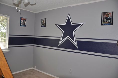 Dallas Cowboys room (now with crown molding) @Krystal Lacy Dallas Cowboys Nursery, Dallas Cowboys Room Decor, Dallas Cowboys Bedroom, Dallas Cowboys Room, Cowboy Bedroom, Cowboy Room, Sons Room, Cowboy Nursery, Football Rooms