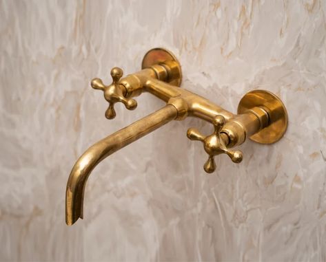 Unlacquered Brass Bathroom, Limestone Sink, Brass Tub, Wall Mounted Bathroom Faucet, Brass Bathroom Faucets, Bathtub Remodel, Brass Sink, Vanity Faucet, Wall Mount Faucet