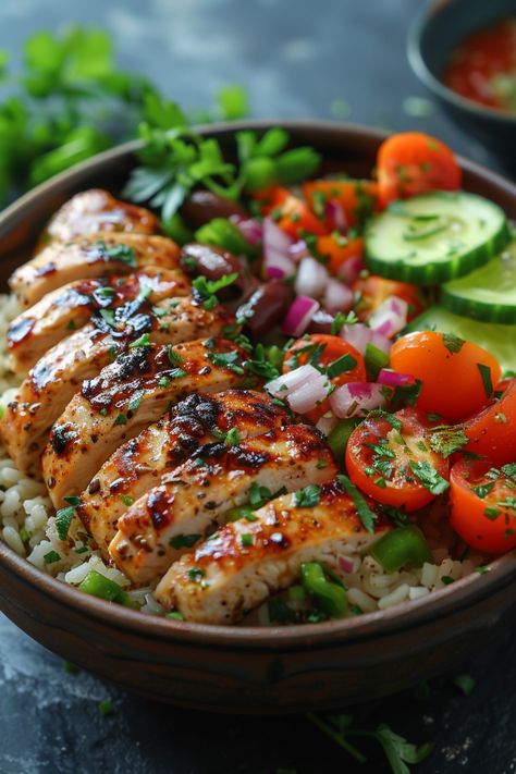 Grilled chicken on a bed of rice with cherry tomatoes, cucumber slices, and chopped red onions, garnished with herbs. Dinner Ideas Healthy Bowls, Gut Healthy Dinner Ideas, Pesketaryen Meals, Organic Healthy Meals, Iron Rich Meals Recipes, Fiber Dinner Recipes, Whole Food Meal Plans, Meditterean Recipes, Grilled Chicken With Rice