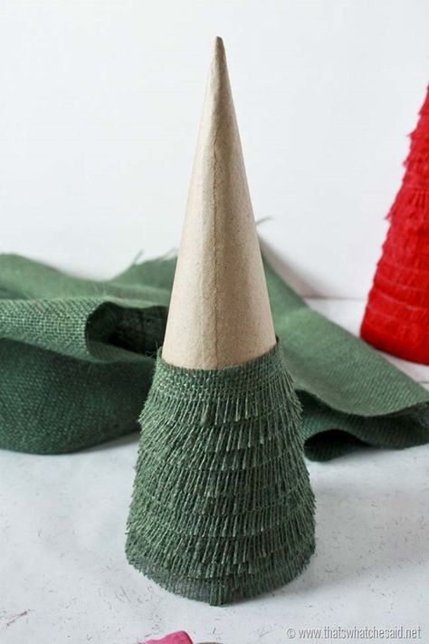 Foam Cones Christmas Tree, Jute Christmas Trees Diy, Fabric Cone Christmas Trees, Diy Tabletop Christmas Tree, Burlap Christmas Tree Decorations, Diy Trees, Burlap Trees, Burlap Christmas Tree, Christmas Cones