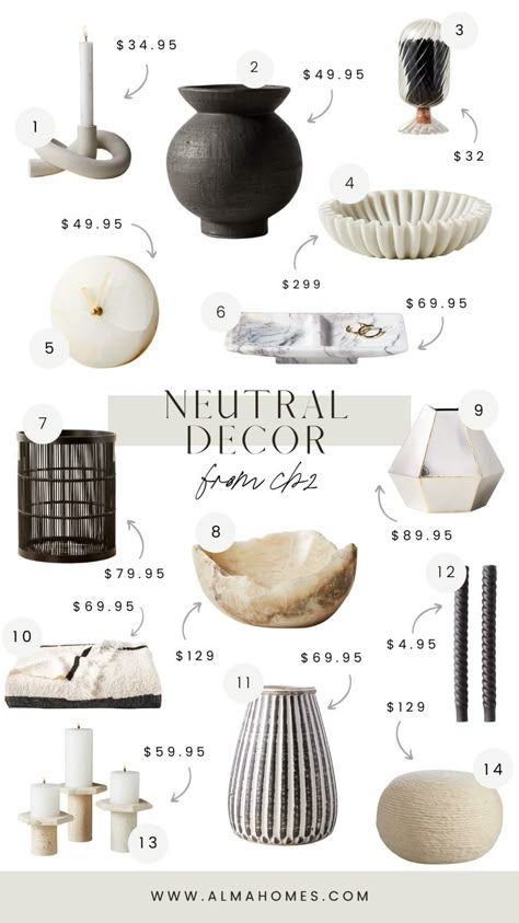 Tan, black and white decor pieces including a tray, match holder, vases, a pouf, a clock, a pair of candles, a blanket, a trash can, a bowl, and candle holders. Japandi Mantle Decor, Japandi Decor Accessories, Cb2 Decor, Alma Homes, Modern Glam Decor, Interior Design Accessories, Japandi Home Decor, Japandi Home, Japandi Decor