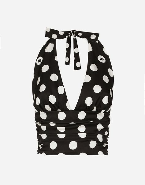 Polka-dot charmeuse top with plunging neckline Betty Boop Fashion, White Polka Dot Top Outfit, Preppy Inspo, Silk Halter Top, Polka Dot Crop Top, Gucci Top, White Fits, Silk Crop Top, Spring Clothes