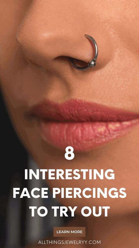 Thinking of getting your first or next facial piercing? Read our guide to learn all about the different types of face piercings and how to get them done safely. Face And Ear Piercings, Best Piercings To Get, Women Facial Piercings, Subtle Face Piercing, Different Piercings Ideas Face, Best Piercings For Face Shape, Cute Facial Piercings For Women, Peircings Women Facial, Types Of Piercings Face