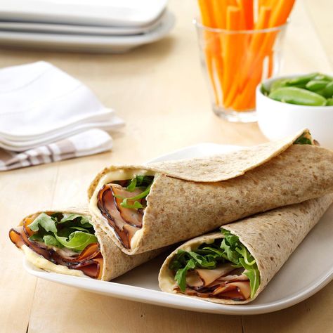 Turkey & Apricot Wraps Recipe -For these everyday wraps, I combined the traditional Southern appetizer of jam and cream cheese on crackers and the turkey, apple and brie sandwiches we ate at my bridal luncheon. I like to sneak fresh spinach into all sorts of recipes because it has such a mild flavor. —Kim Beavers, North August, South Carolina Pita Wraps, Turkey Blt, Easy Sandwiches, Turkey Apple, Cold Sandwich Recipes, Blt Wraps, Turkey Wraps, Cold Sandwiches, Beach Food