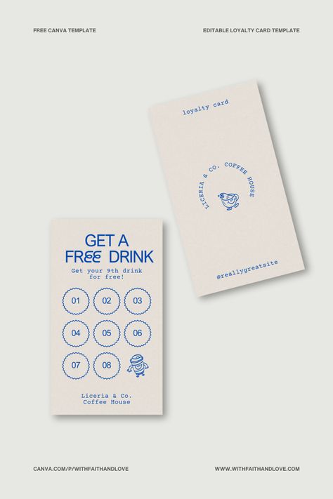 Delight your customers and boost loyalty with our charming Blue and Beige Vintage Coffee Shop Loyalty Card Template! This free Canva template is perfect for small coffee shop owners looking to reward their loyal patrons stylishly. The design features adorable coffee cup characters and easy-to-use stamp spaces for tracking purchases. Customize it to match your café's unique style and atmosphere. A simple yet effective tool to keep your customers coming back for more! Hotel Key Card Design Ideas, Cafe Template Design, Coffee Business Card Design, Cafe Loyalty Card Design, Loyalty Stamp Card Design, Canva Business Cards Ideas, Coffee Shop Loyalty Card, Rewards Card Design, Coffee Card Design