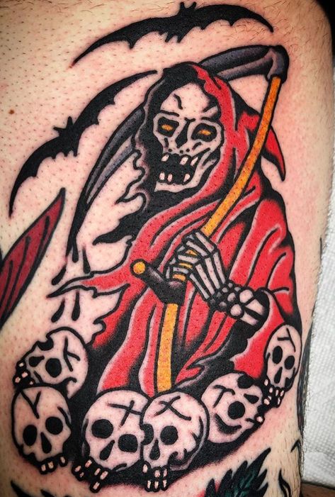 Monkey Paw Tattoo, Traditional Reaper Tattoo Flash, Classic Monsters Tattoo, Scary American Traditional Tattoo, Trad Horror Tattoo, Skull Pile Tattoo, American Traditional Reaper Tattoo, Traditional Sugar Skull Tattoo, American Traditional Grim Reaper Tattoo