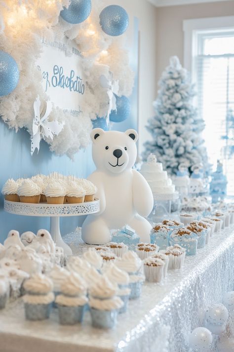 25 Simple & Easy Winter Baby Shower Theme Ideas - Barefoot Budgeting Winter Wonderland Baby Shower Theme Boy, Winter Polar Bear Baby Shower Theme, Christmas Theme Baby Shower Ideas Boy Blue, January Boy Baby Shower Themes, Winter Wonderland Theme Baby Shower Boy, Polar Bear Themed Baby Shower Ideas, Baby Shower Snowflake Theme, Blue Winter Baby Shower Ideas, Baby Shower Ideas Winter Theme