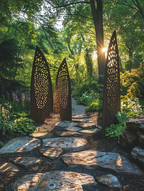 Large Metal Yard Art, Outdoor Sculpture Art, Art In The Garden, Modern Landscaping Design, Terraced Garden Design, Landscape Sculpture Art, Metal Garden Sculpture Ideas, Outdoor Sculpture Ideas, Landscaping Sculptures