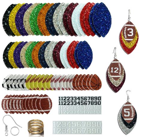 PRICES MAY VARY. PACKAGE INCLUDES: This package includes 24 large glitter faux leather pieces, 24 small glitter faux leather pieces, 12 footballs, 6 baseballs, 6 softballs, 6 basketballs, and 6 football one-layer faux leather earrings. Additionally, the package contains 2 digital crystal markers, 48 silver-plated earring hooks, 48 silver-plated jump rings, and 1 jump ring opener to meet your creative needs. CUSTOMIZE YOUR TEAM COLORS: You have the freedom to use leather in various sizes and colo Game Day Accessories, Bubblegum Pens, Christmas Earings, Leather Earrings Diy, Faux Leather Crafts, Country Earrings, Basketball Earrings, Yarn Earrings, Faux Leather Earring