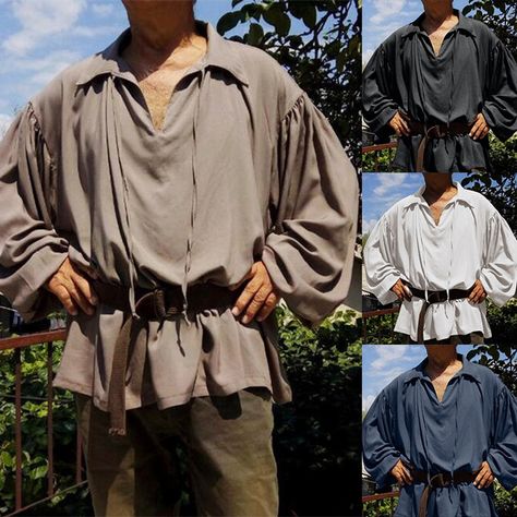 Fluffy Sleeves Blouse, Peasant Outfit, Medieval Clothing Men, Medieval Shirt, Vampire Cosplay, Mens Tunic, Fluffy Sleeves, Ren Faire Outfits, Pirate Shirt