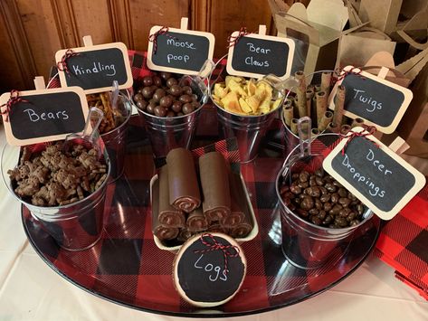 Moose Party Theme, Adventure Theme Party Food, Lumberjack Themed Food, Adventure Awaits Food Ideas, Lumberjack Wedding Ideas, One Happy Camper Party Decor, Lincoln Log Birthday Party, Camping Theme Table Decorations, Lumberjack Party Food Ideas