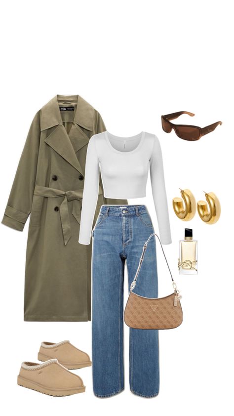 Fall outfit, trench coat, green trench coat, Tasman Uggs, chill outfit Tasman Uggs, Outfit Trench, Trench Outfit, Chill Outfit, Green Trench Coat, Trench Coat Outfit, Trench Coat Style, Uni Outfits, Coat Outfit